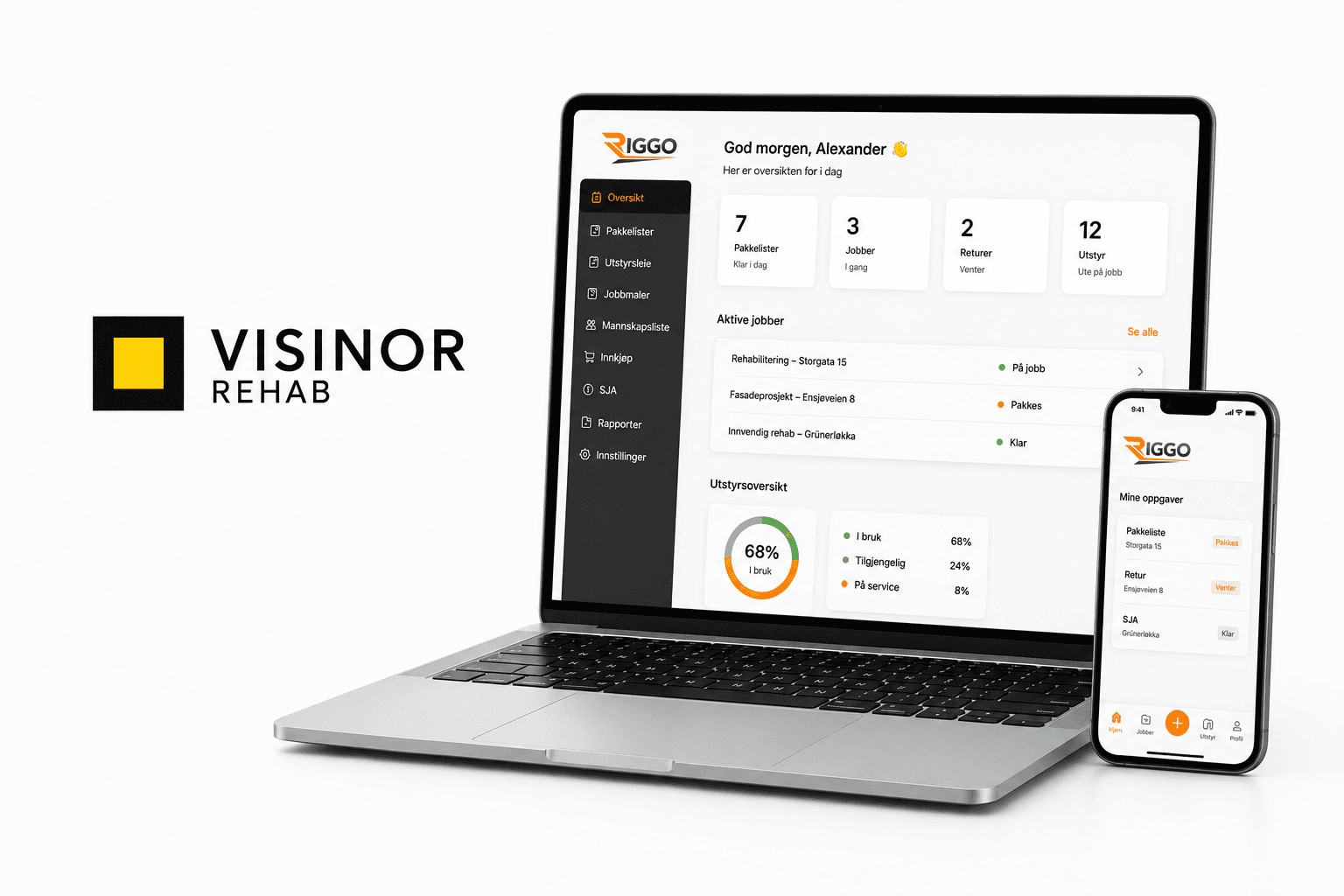 Riggo-appen vist på laptop og mobil, med oversikt over jobber, pakkelister og utstyr, ved siden av Visinor Rehab-logoen